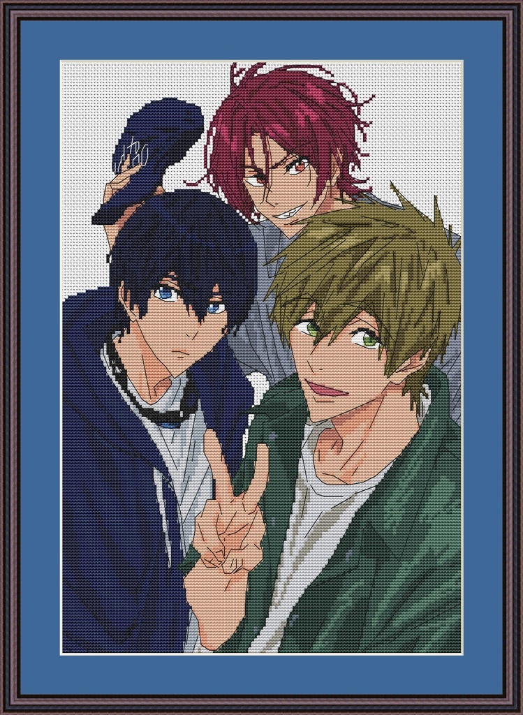 アニメ『Free!』の凛、真琴、遙をモチーフにしたクロスステッチ図案。