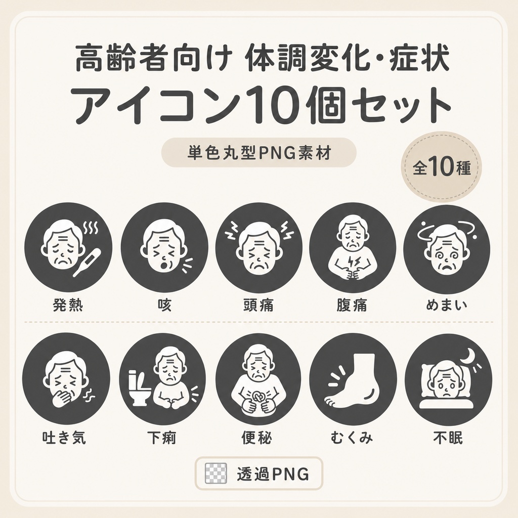 高齢者向け 体調変化・症状アイコン10個セット|単色丸型PNG素材