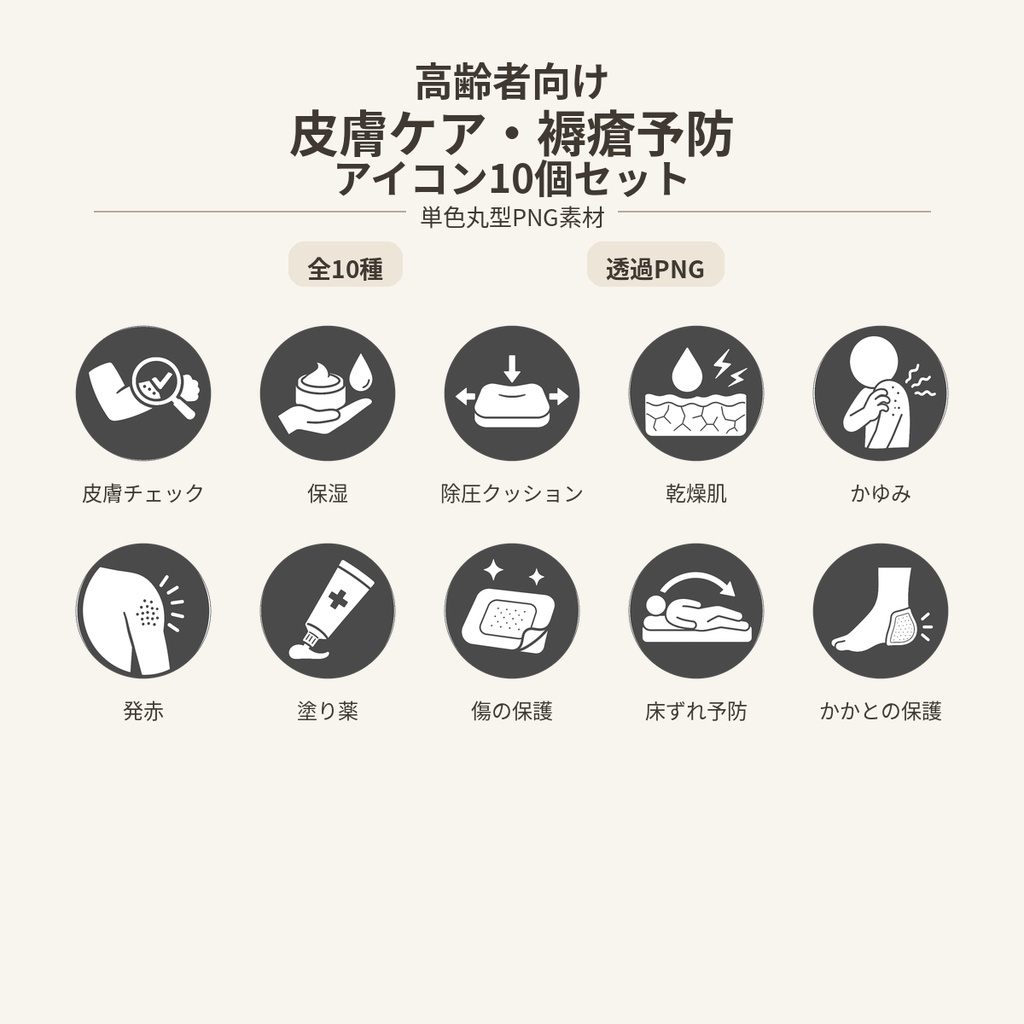 高齢者向け 皮膚ケア・褥瘡予防アイコン10個セット|単色丸型PNG素材