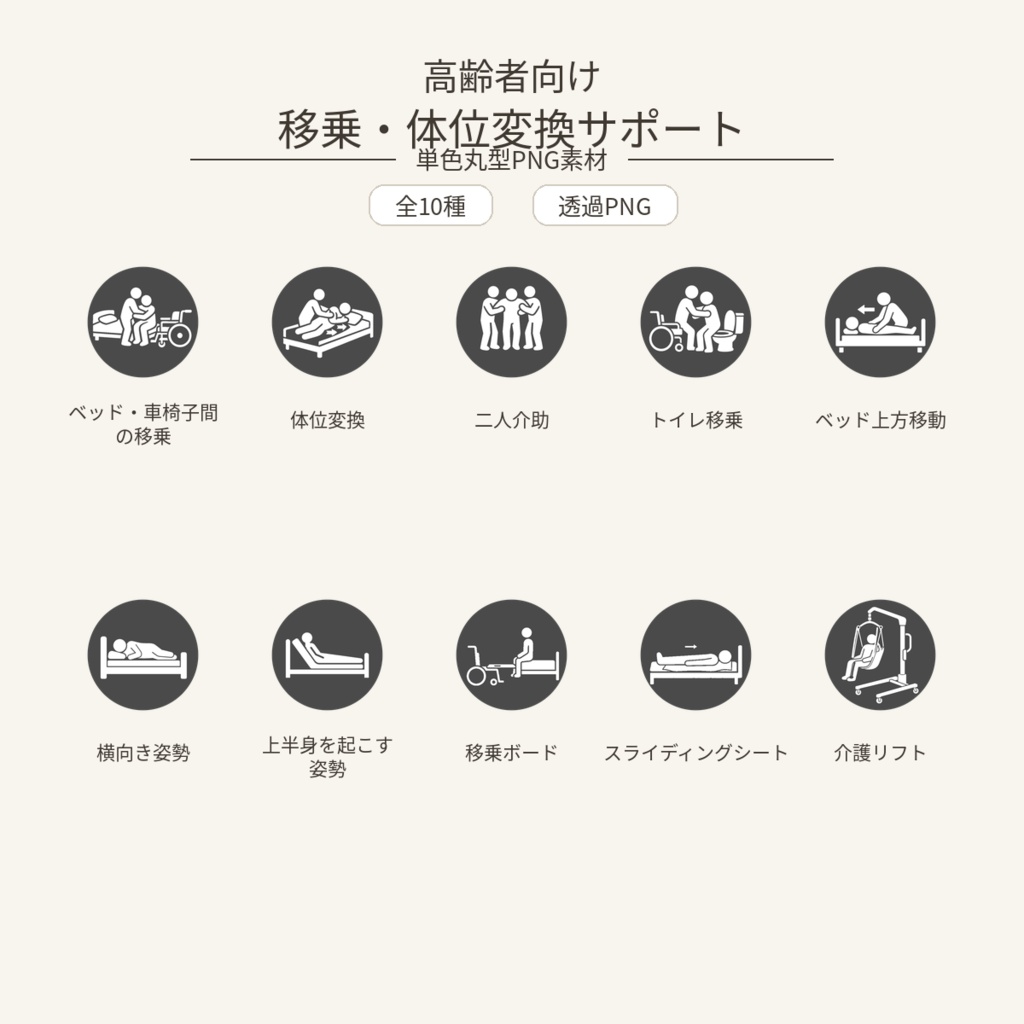 高齢者向け 移乗・体位変換サポートアイコン10個セット|単色丸型PNG素材