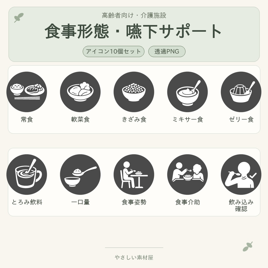 高齢者向け 食事形態・嚥下サポートアイコン10個セット｜単色丸型PNG素材