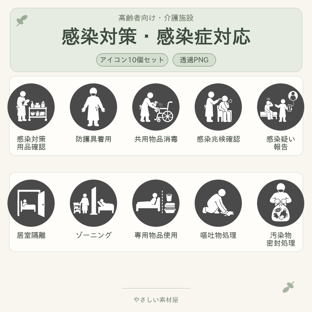 高齢者向け 介護施設・感染対策／感染症対応業務アイコン10個セット｜単色丸型PNG素材