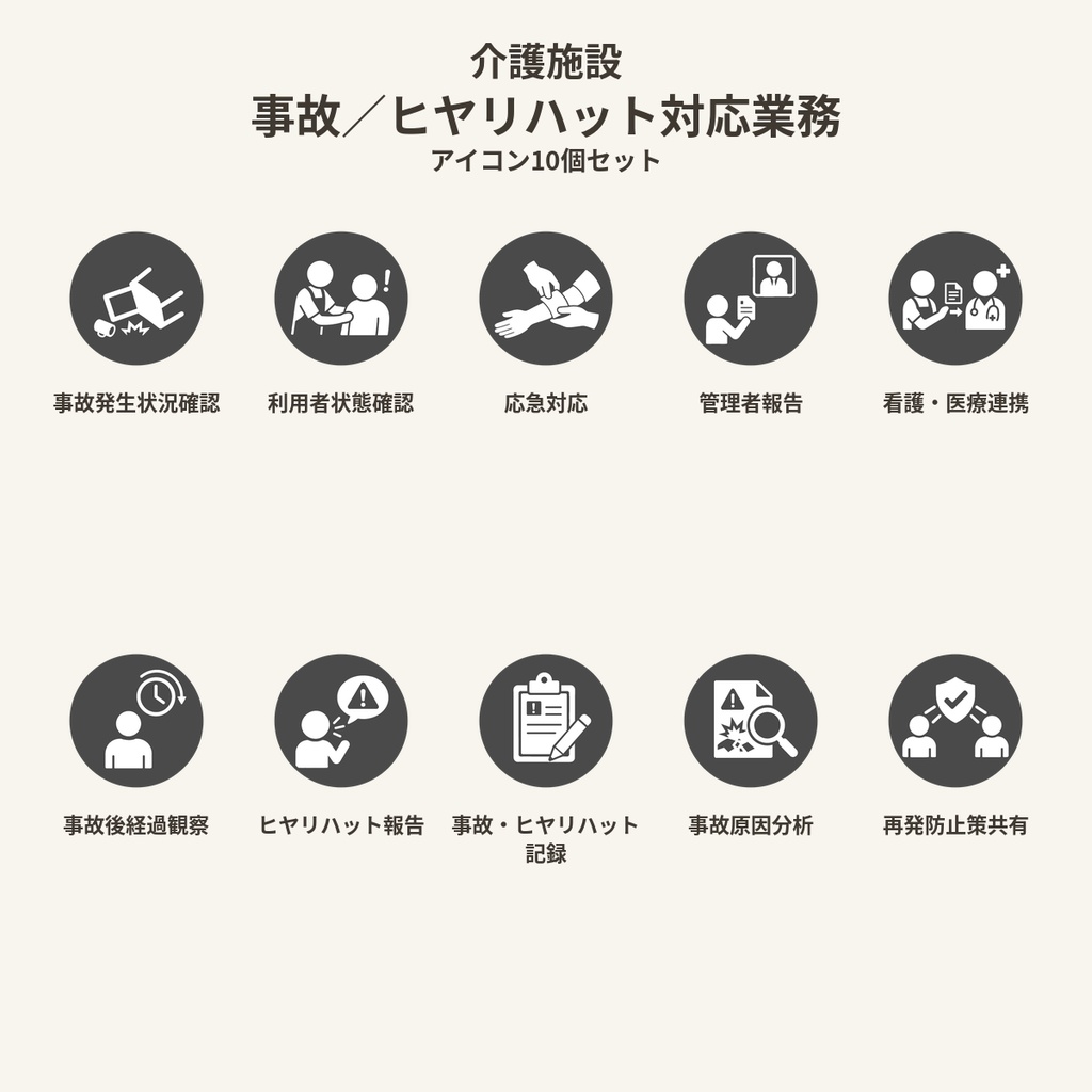 高齢者向け 介護施設・事故/ヒヤリハット対応業務アイコン10個セット|単色丸型PNG素材