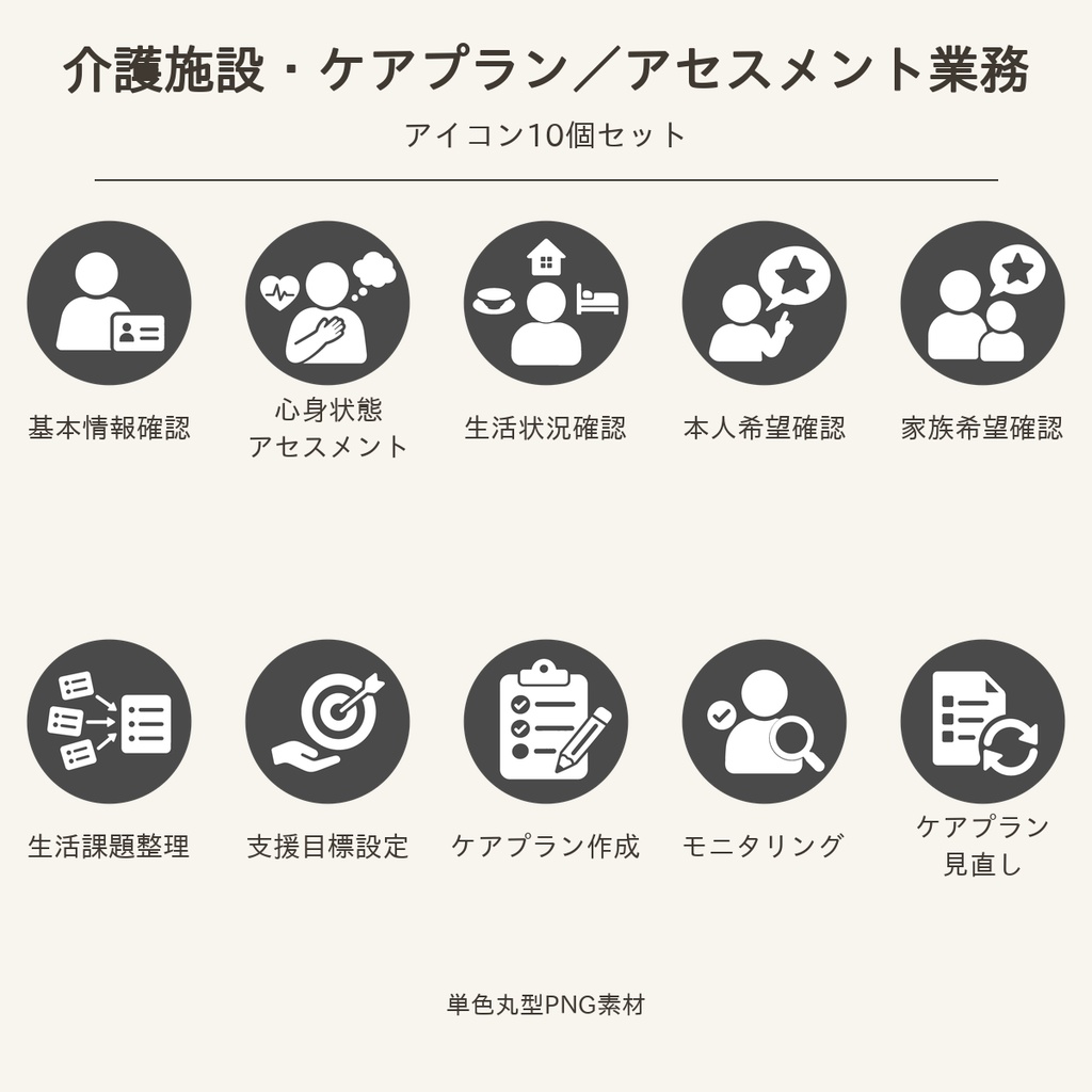 高齢者向け 介護施設・ケアプラン/アセスメント業務アイコン10個セット|単色丸型PNG素材