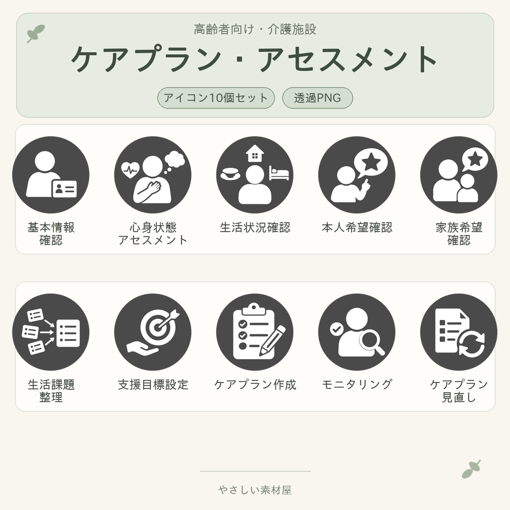 高齢者向け 介護施設・ケアプラン／アセスメント業務アイコン10個セット｜単色丸型PNG素材