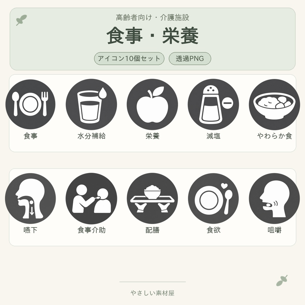 介護施設・毎日のケア基本50アイコンセット|食事・排せつ・服薬・口腔ケア・水分補給|透過PNG素材