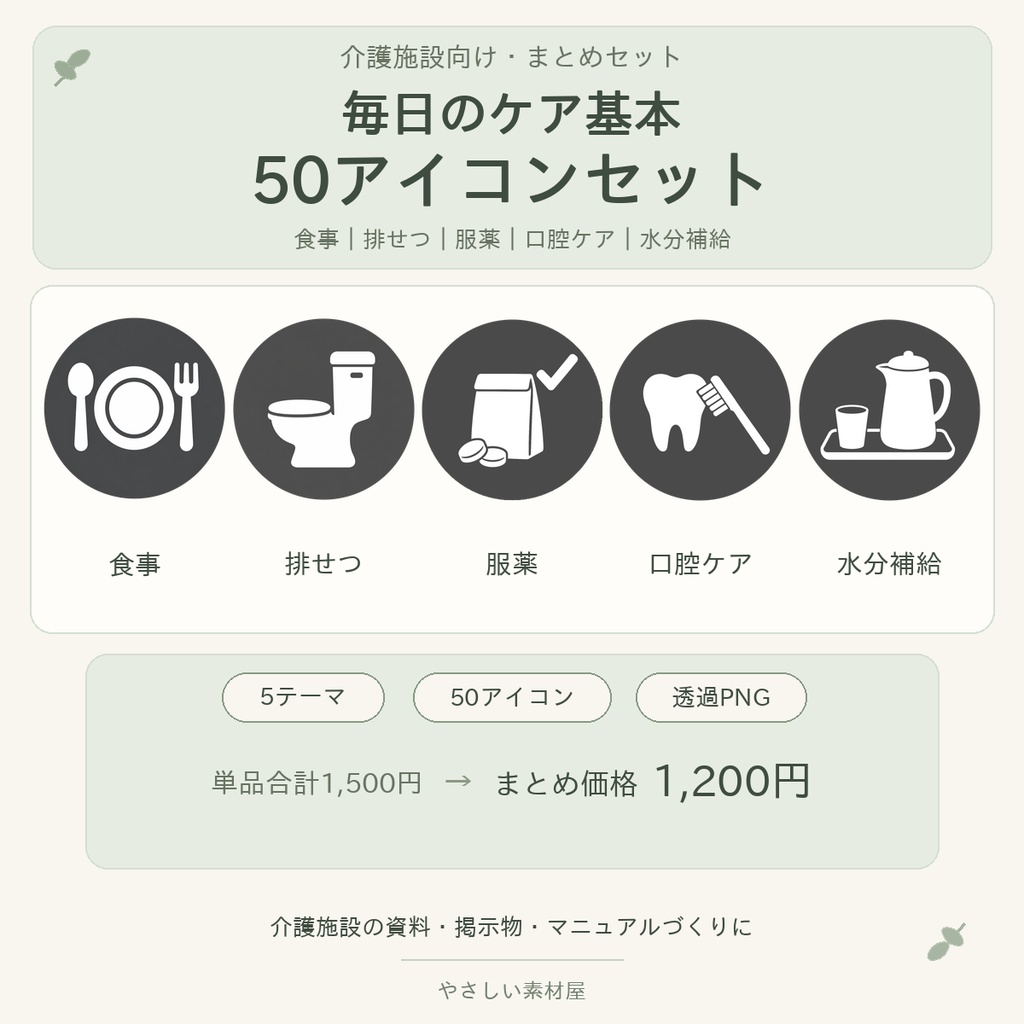 介護施設・毎日のケア基本50アイコンセット｜食事・排せつ・服薬・口腔ケア・水分補給｜透過PNG素材