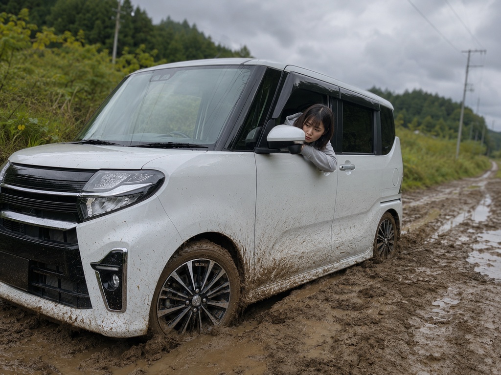 美少女カースタック画像集20枚第二弾|泥道スタック・車トラブル写真素材