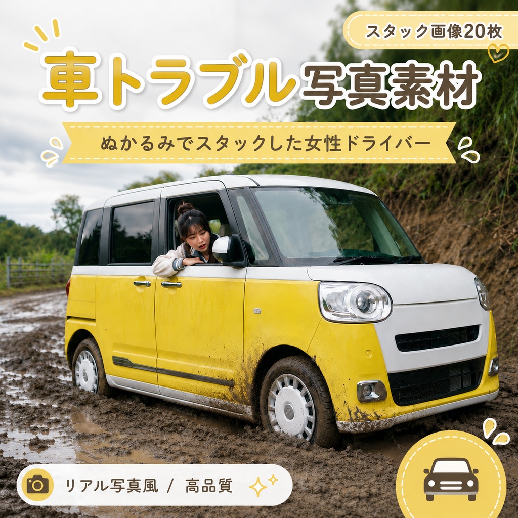 美少女カースタック画像集20枚第二弾｜泥道スタック・車トラブル写真素材