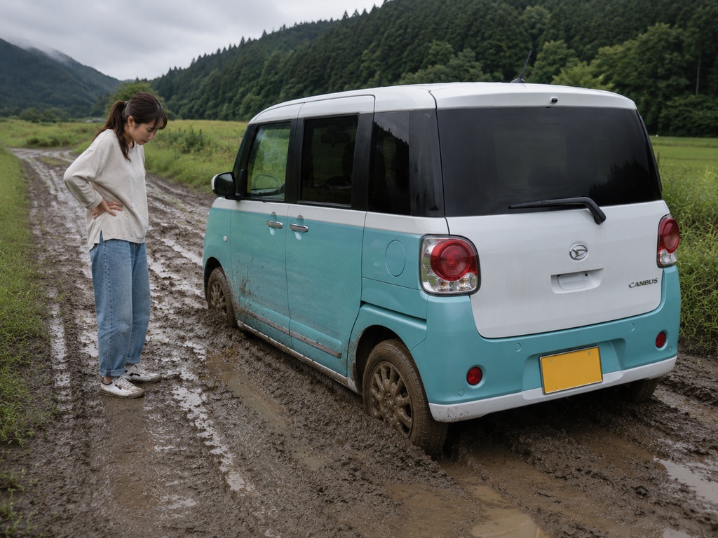 美少女カースタック画像集20枚|泥道スタック・車トラブル写真素材