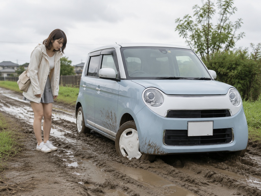 美少女カースタック画像集20枚|泥道スタック・車トラブル写真素材