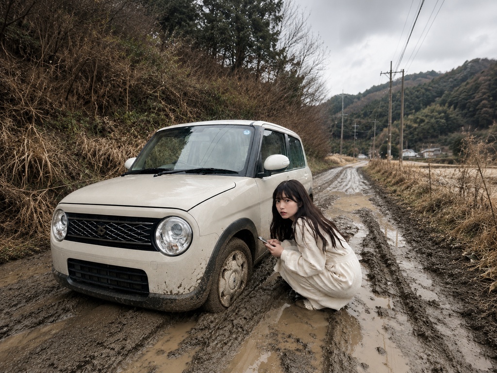 美少女カースタック画像集20枚|泥道スタック・車トラブル写真素材