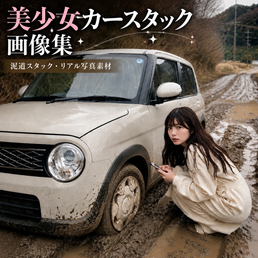 美少女カースタック画像集20枚｜泥道スタック・車トラブル写真素材