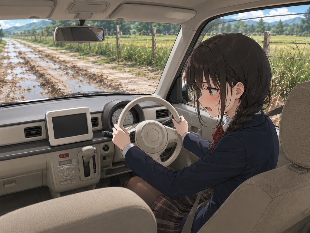 美少女イラストカースタック画像集20枚|泥道スタック・車トラブル写真素材
