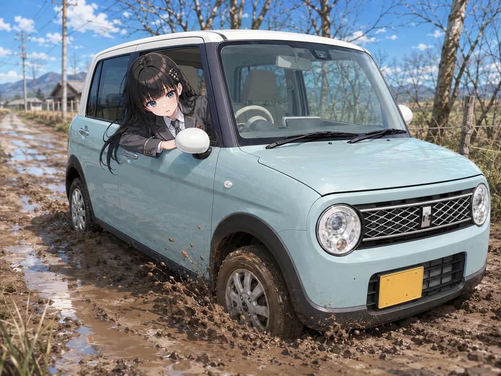 美少女イラストカースタック画像集20枚|泥道スタック・車トラブル写真素材