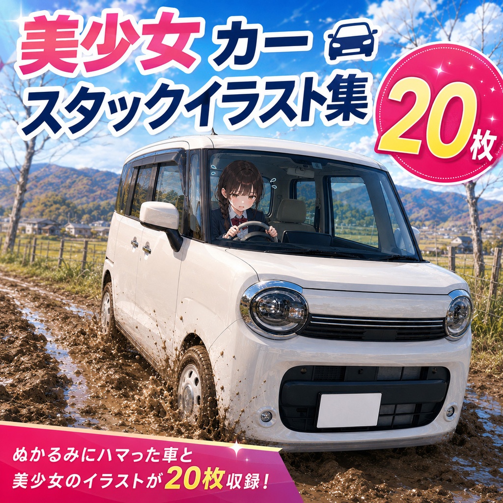 美少女イラストカースタック画像集20枚｜泥道スタック・車トラブル写真素材