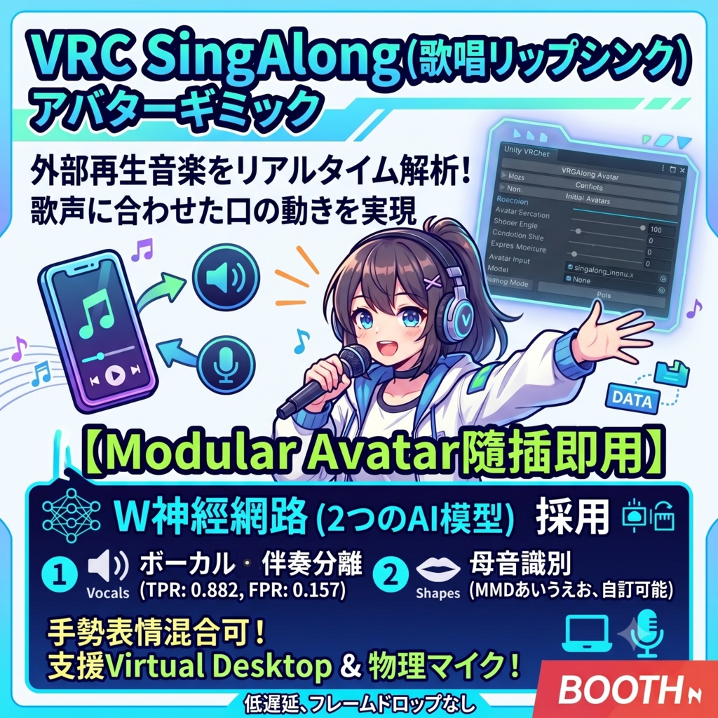 【AI自動判別】ワールド音楽連動型・歌声リップシンク アバターギミック- 聴くだけでアバターが歌い出す!MA対応・置くだけ実装
