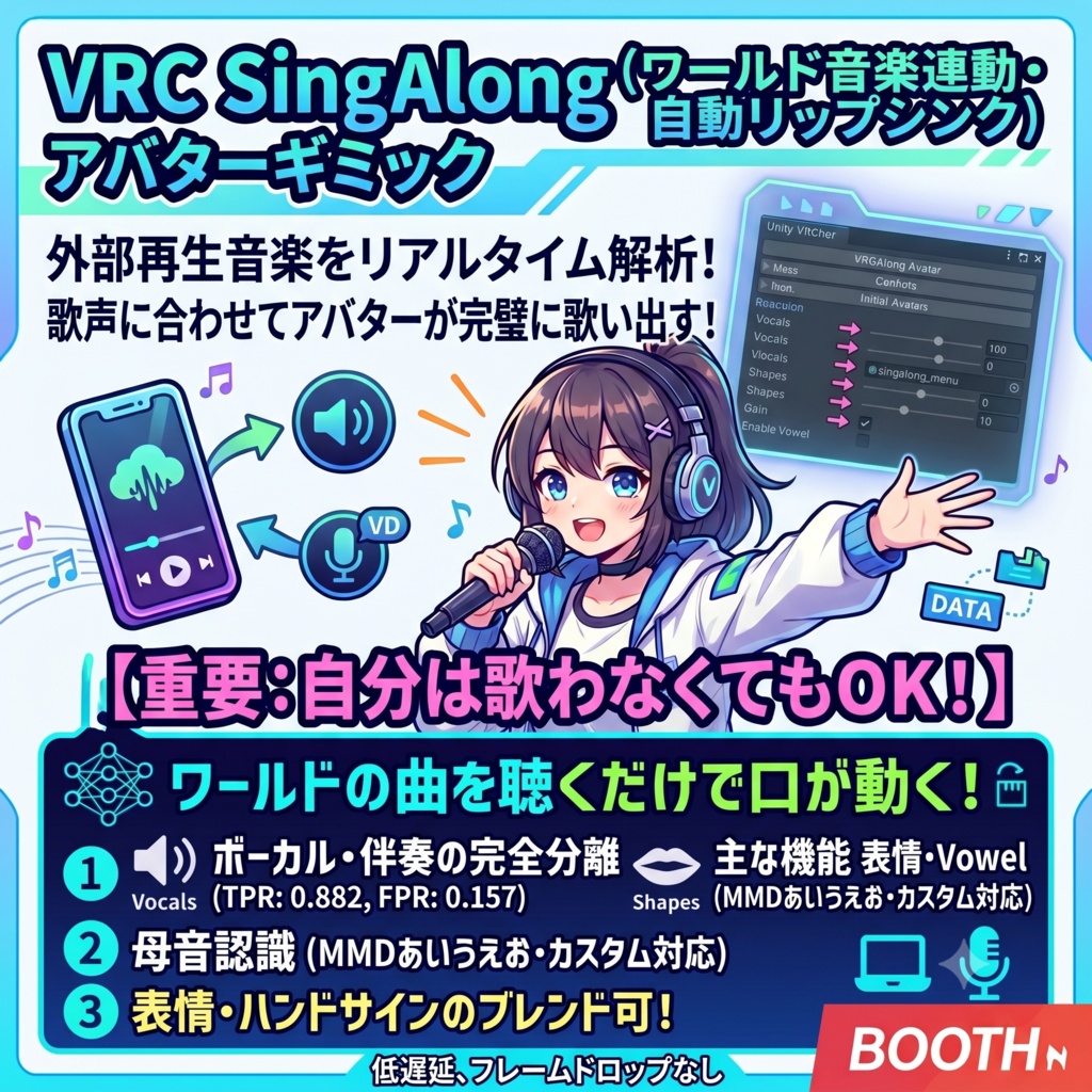 【AI自動判別】ワールド音楽連動型・歌声リップシンク アバターギミック- 聴くだけでアバターが歌い出す!MA対応・置くだけ実装