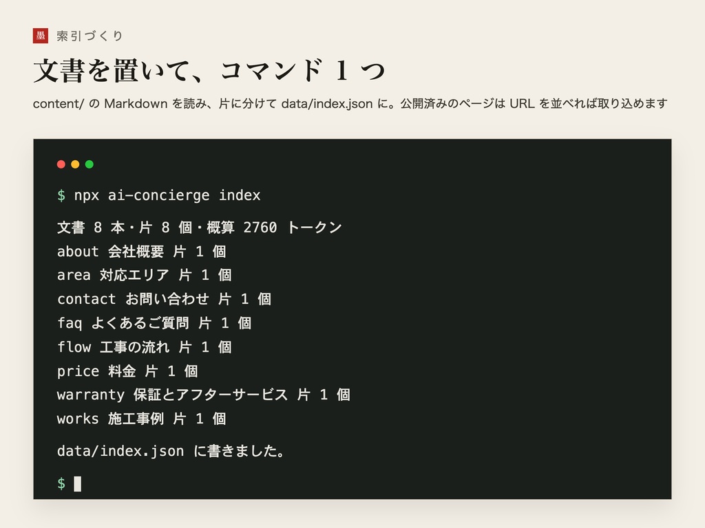 AI 案内窓口キット ── 自社の文書だけを根拠に、サイトのご質問へ敬体でお答えする窓