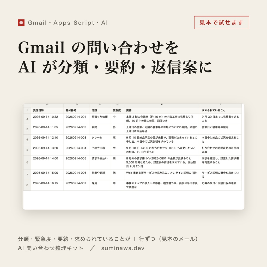 Gmail の問い合わせを AI が分類・要約・返信案に|送るのは人(AI 問い合わせ整理キット)