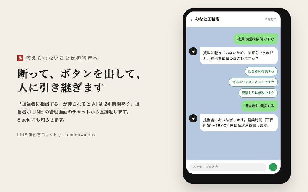 LINE 案内窓口キット ── LINE 公式アカウントに、自社の文書だけを根拠に敬体で答える窓口を置く(答えられないことは担当者へ)