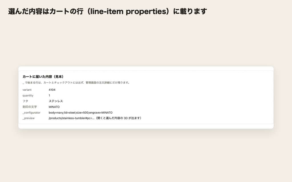 Shopify 用 3D コンフィギュレーター ── アプリも月額も要らない、テーマに足すだけの部品(選んだ内容は注文に残ります)