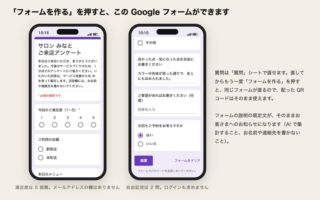 お客さまアンケート キット ── 業種の見本から Google フォームを作り、集まった声を AI が分類して「今週の 3 つ」にまとめるキット(買い切り)