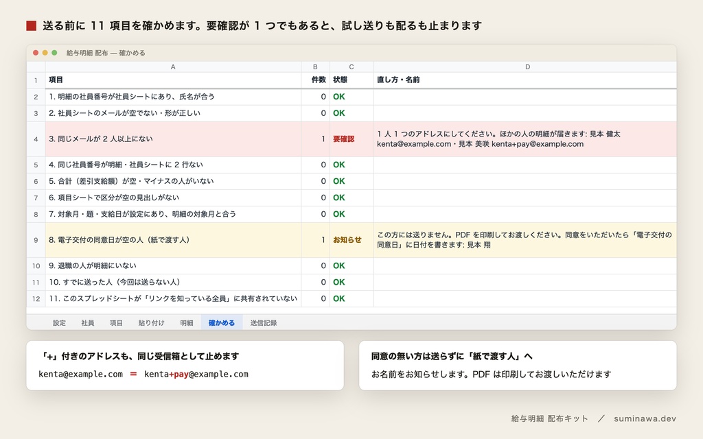 【無料版】社労士の給与一覧から明細 PDF を作って自分あてに試し送り|お手元の一覧が取り込めるか試せる(給与明細 配布キット・Google スプレッドシート)