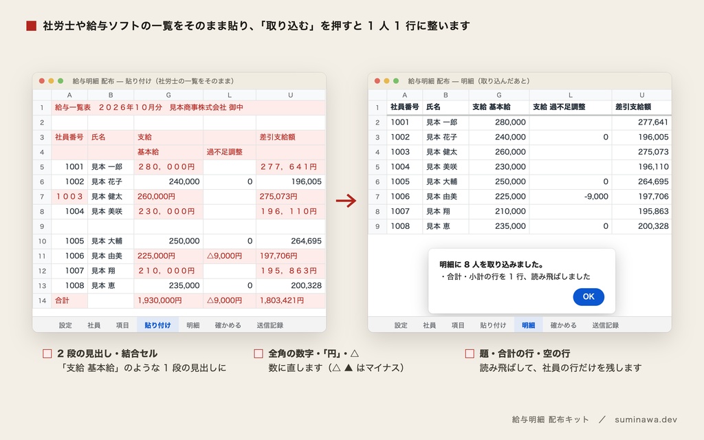 給与明細を PDF にして本人だけに配る|社労士の一覧を取り込み、確かめてから送る(給与明細 配布キット・Google スプレッドシート)