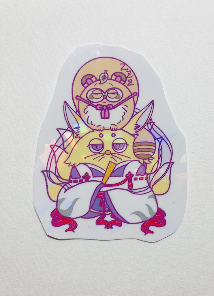 手塗りポストカード・ホログラムステッカー セット ヤマ&ヴィシュヌ キツネイチ&タヌトド