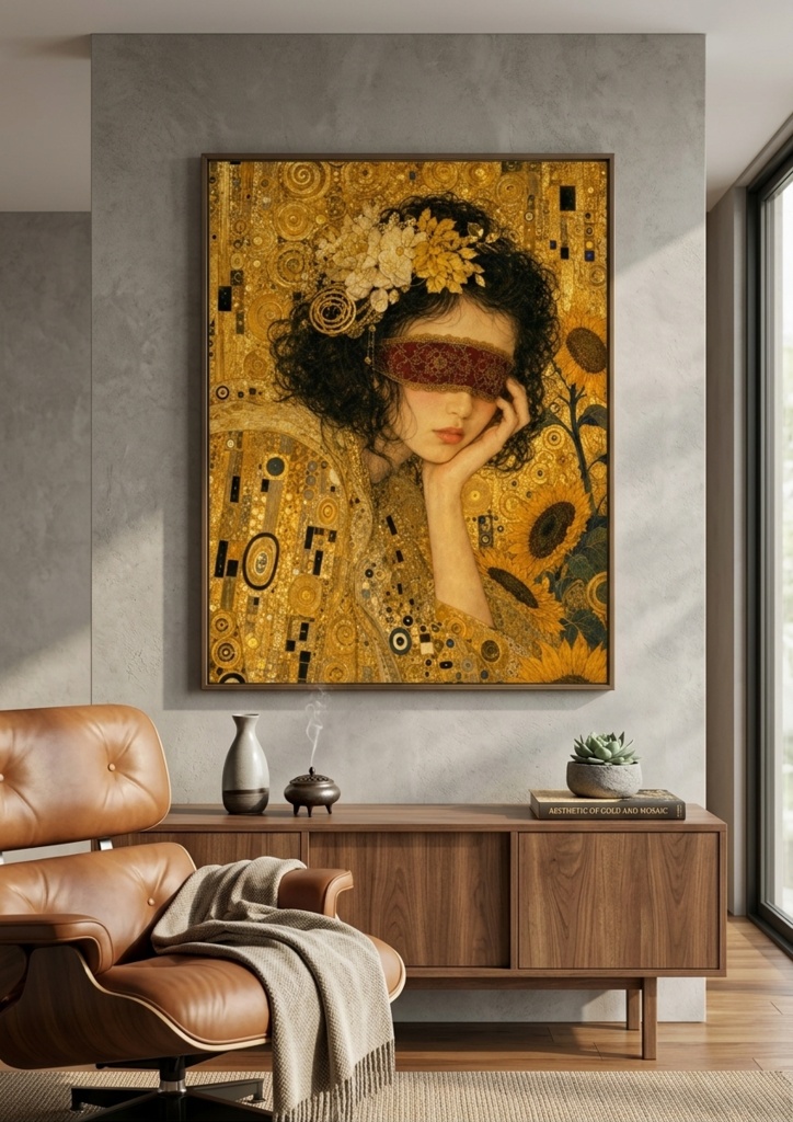 アートポスター 【A1/A2/B1】 黄金の目隠し乙女と向日葵 Klimtスタイル モダンインテリアアート 壁掛け絵画 | hepcat+