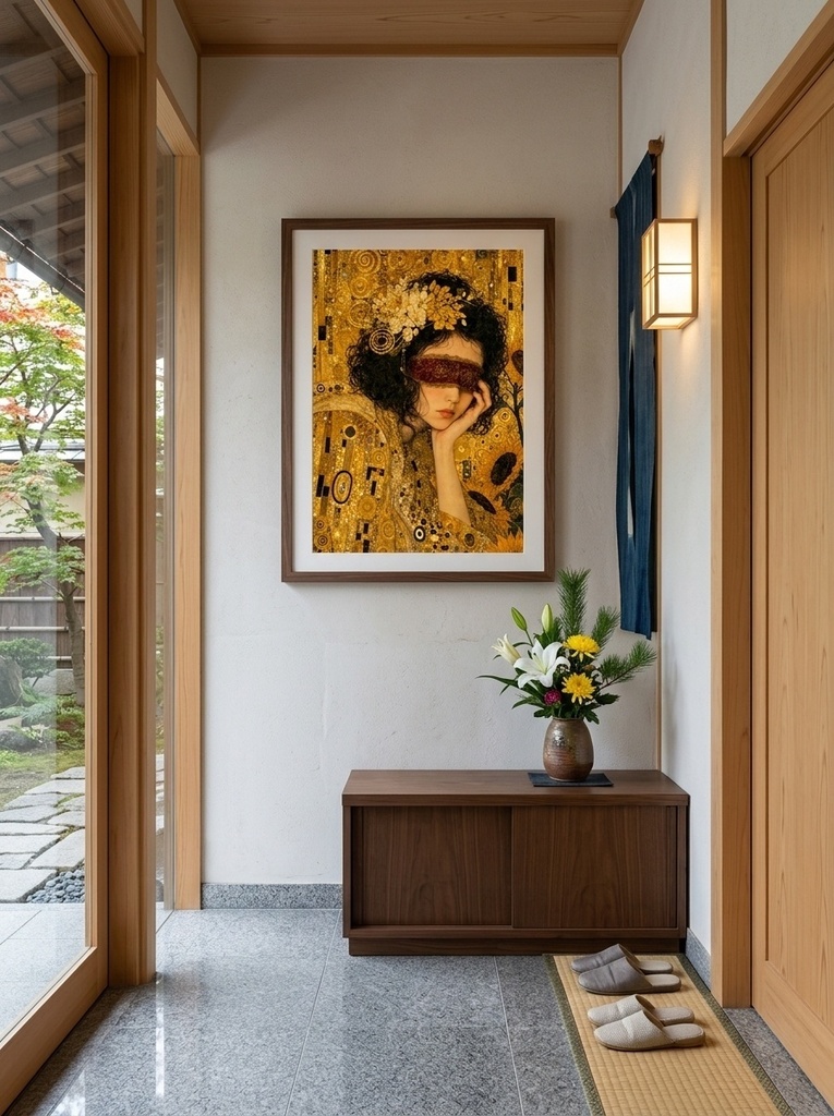 アートポスター 【A1/A2/B1】 黄金の目隠し乙女と向日葵 Klimtスタイル モダンインテリアアート 壁掛け絵画 | hepcat+