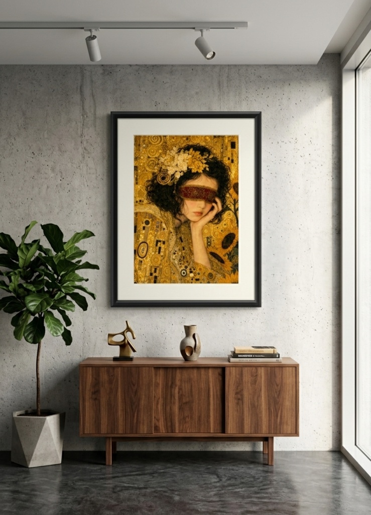 金箔の目隠し乙女と向日葵 Klimtスタイル モダンインテリアアート 壁掛け絵画 | hepcat+