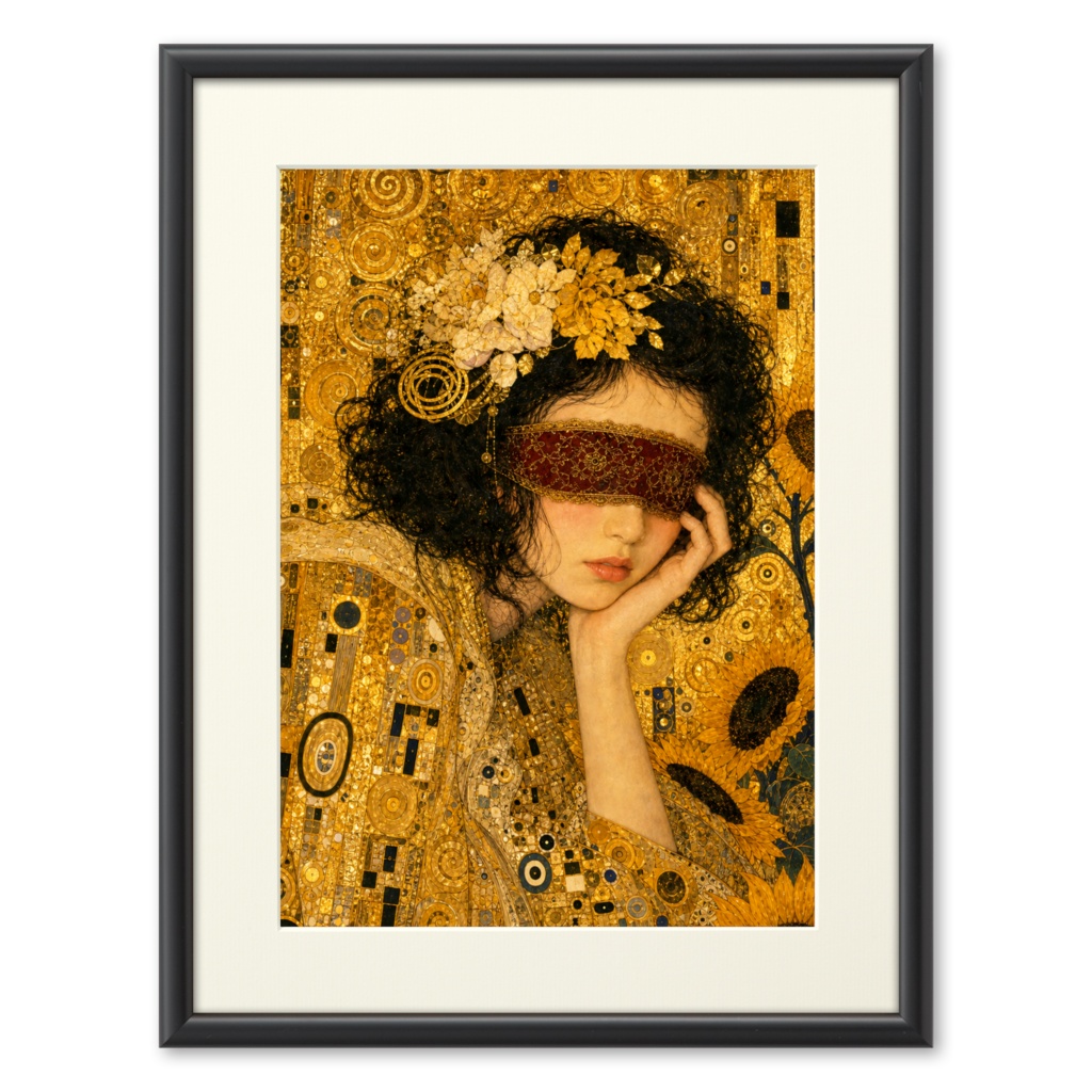 金箔の目隠し乙女と向日葵 Klimtスタイル モダンインテリアアート 壁掛け絵画 | hepcat+