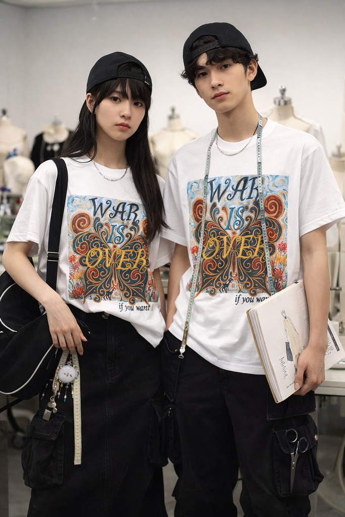 【グラフィックTシャツ】WAR IS OVER 蝶 彼岸花 油絵風 厚塗り アート 半袖 服 ユニセックス メンズ レディース