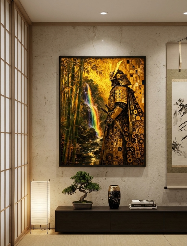 【NEO JAPONISME】黄金の侍と数奇なる竹林の滝 // プレミアム・ウォールアート