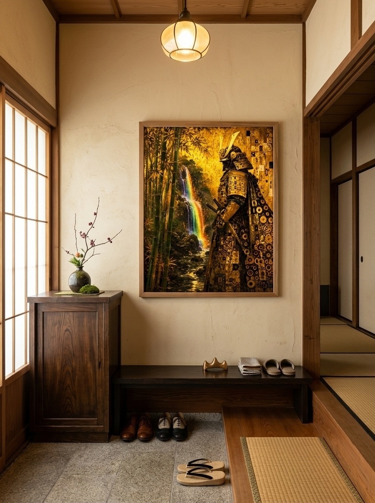 【NEO JAPONISME】黄金の侍と数奇なる竹林の滝 // プレミアム・ウォールアート
