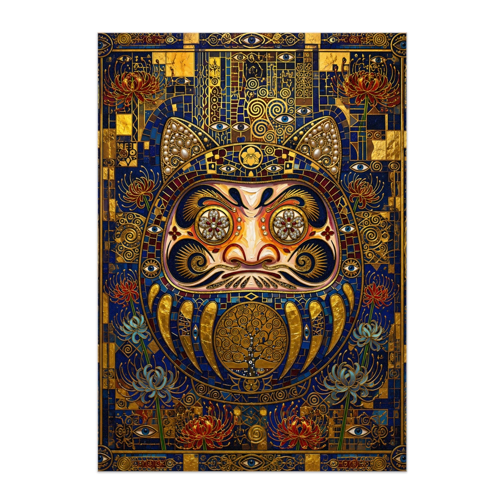 【高級ポスター】GOLDEN NEO JAPONISME「猫耳達磨と生命の樹」 / A3 A4 グラフィックアートクリムト風 和モダン モザイク画 インテリア 絵画