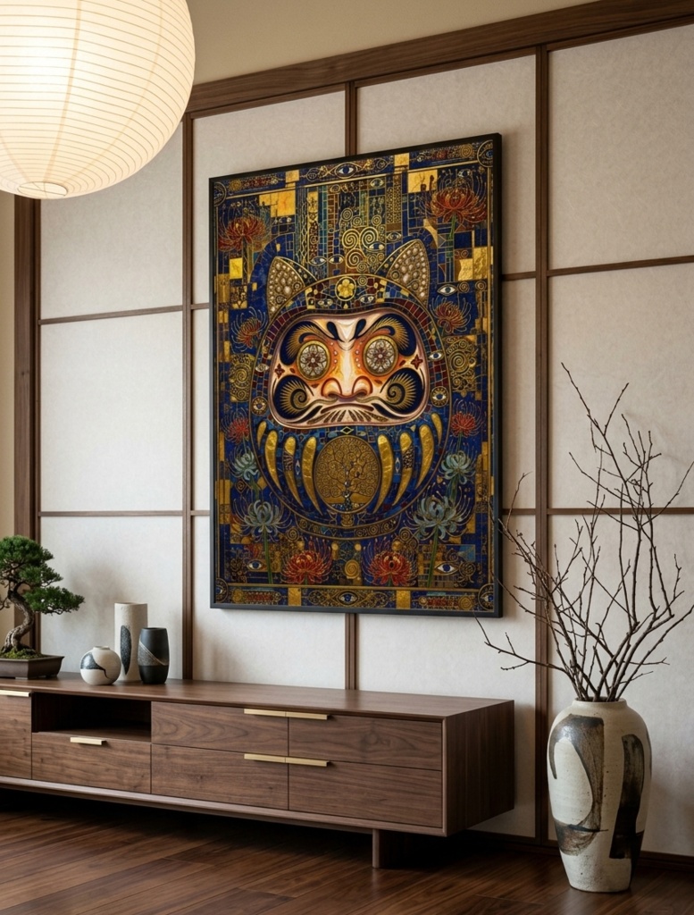 【高級ポスター】GOLDEN NEO JAPONISME「猫耳達磨と生命の樹」 / A3 A4 グラフィックアートクリムト風 和モダン モザイク画 インテリア 絵画
