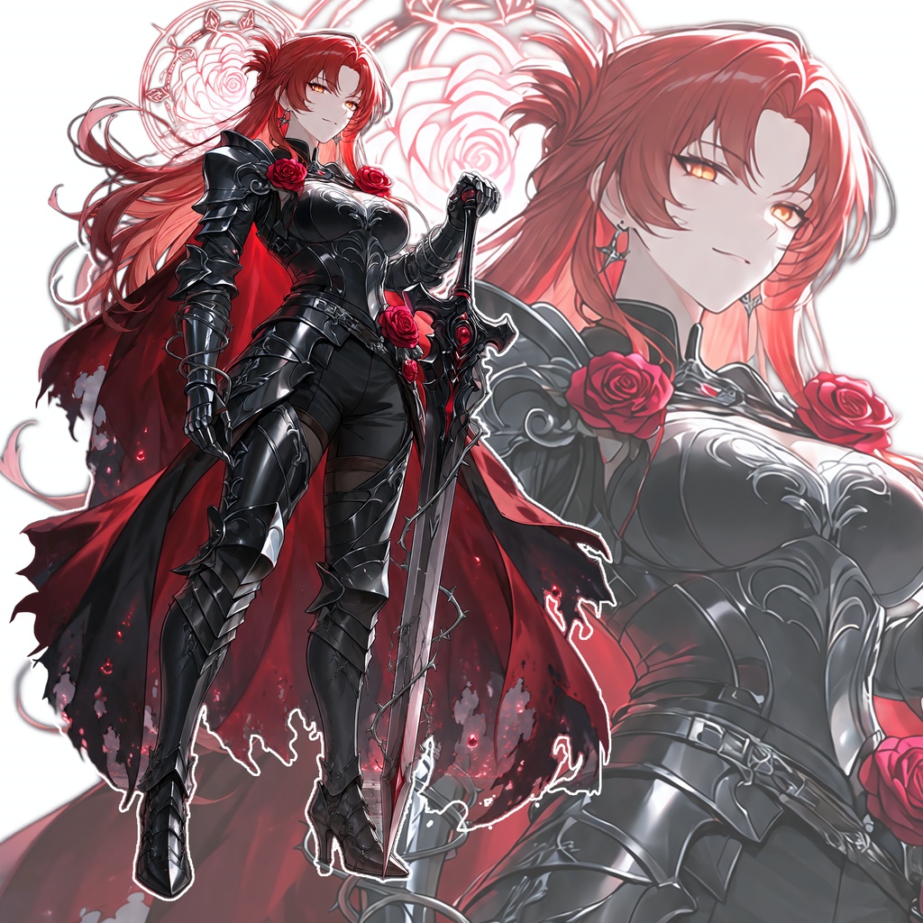 【TRPG・ゲーム用立ち絵素材】黒薔薇の女騎士|赤髪・黒鎧・剣