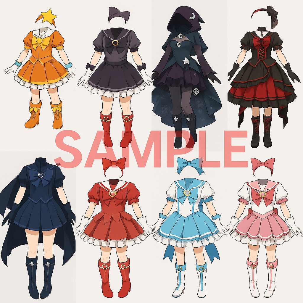 🌟魔法少女衣装素材セット 8種【透過PNG】🌟 Magical Girl Costume Set – 8 PNG Outfits