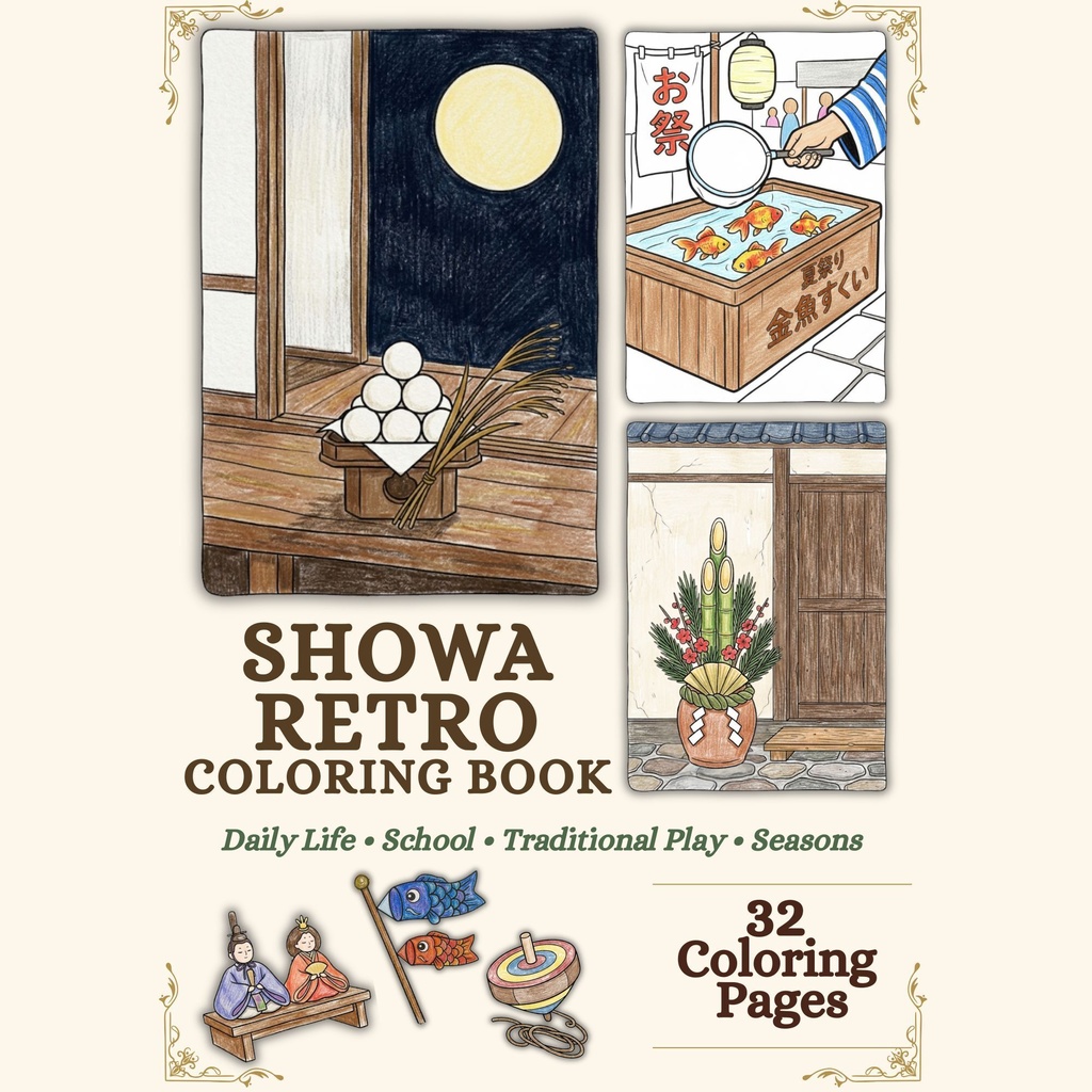 Showa Retro Coloring Book | 32 Nostalgic Japanese Coloring Pages (A4 & US Letter)