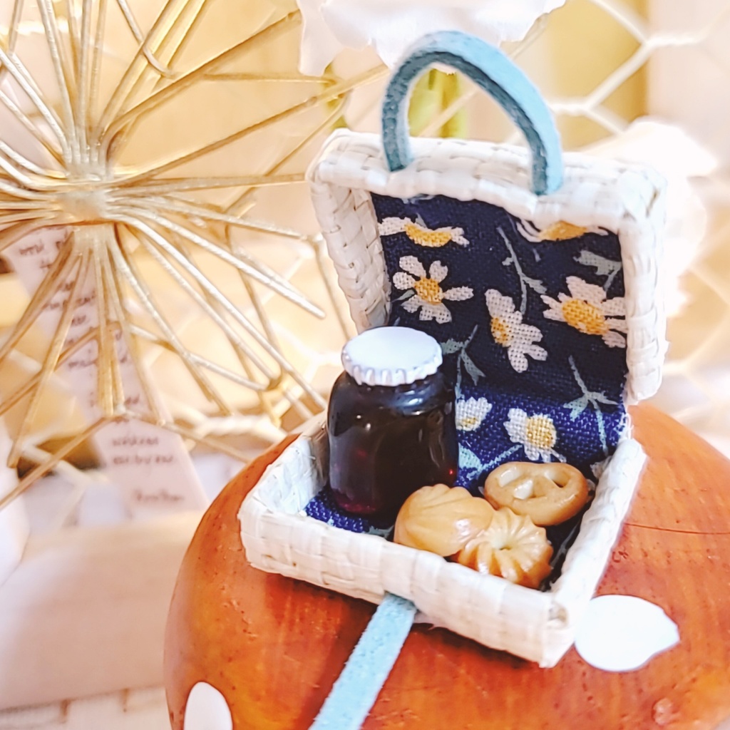 ピクニックバスケット【ナチュラル】/10~12㎝ぬい・オビツ向け【金具:ゴールド】