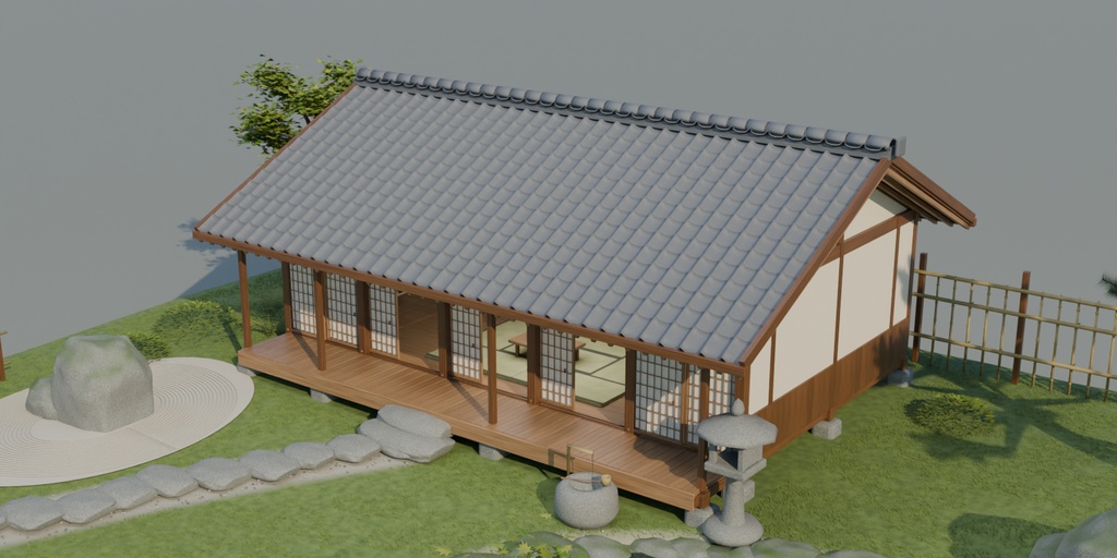 【箱庭コレクション #001 / Blender】日本庭園と縁側のある家|Quiet Courtyard