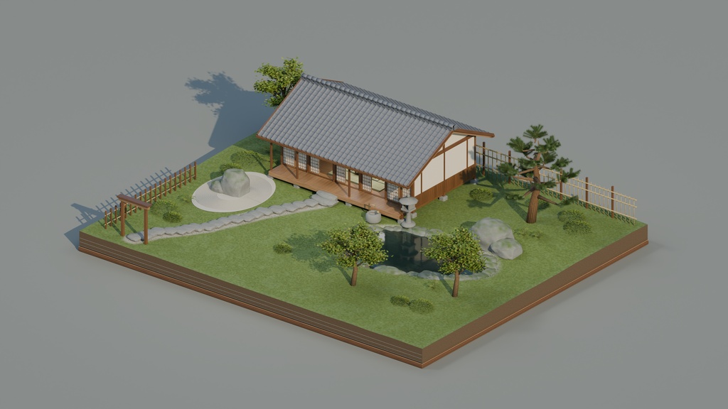 【箱庭コレクション #001 / Blender】日本庭園と縁側のある家｜Quiet Courtyard