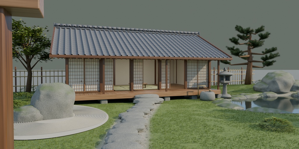【箱庭コレクション #001 / Blender】日本庭園と縁側のある家|Quiet Courtyard