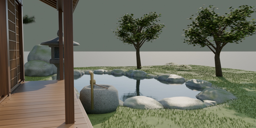 【箱庭コレクション #001 / Blender】日本庭園と縁側のある家|Quiet Courtyard