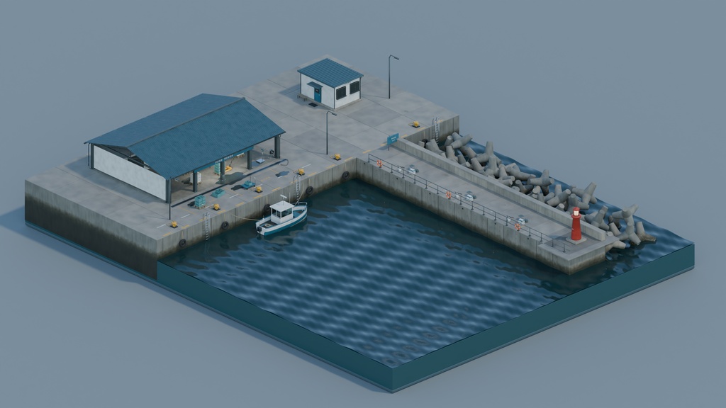 【箱庭コレクション #002 / Blender】消波ブロックと釣り堤防のある漁港|Shionagi Harbor