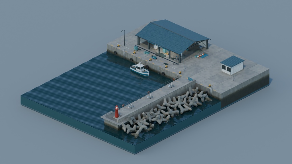 【箱庭コレクション #002 / Blender】消波ブロックと釣り堤防のある漁港｜Shionagi Harbor