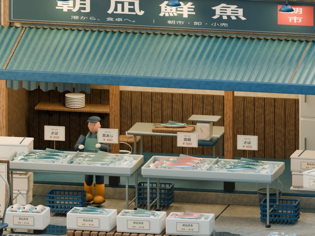 【箱庭コレクション #020 / Blender・GLB】早朝の市場|Morning Market